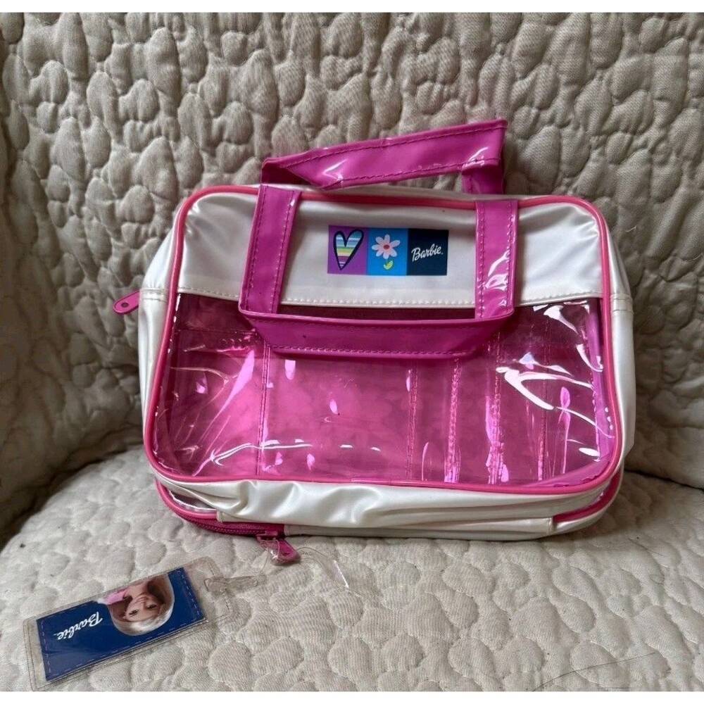 Barbie Pink Clear Travel Cosmetic Makeup Bag Tote w/ Luggage Tag VTG